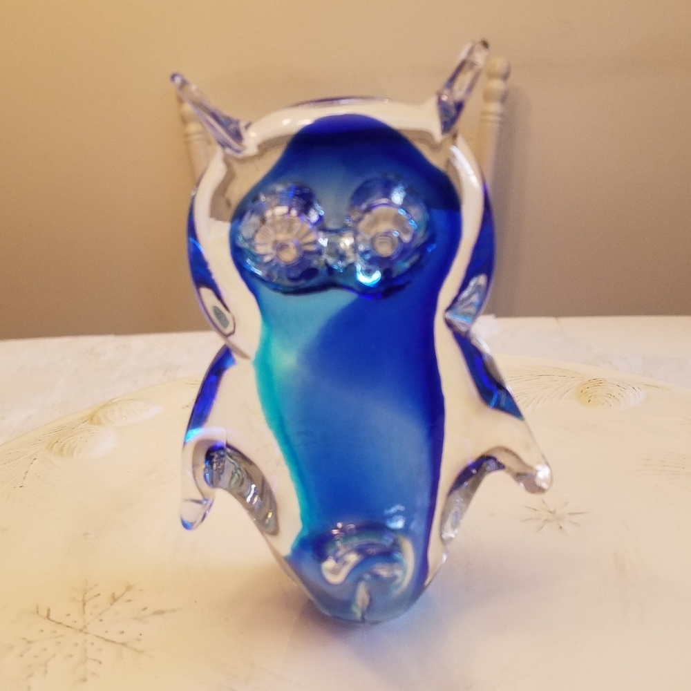 Vintage 1990s Murano Owl Figurine Blue Clear Glass